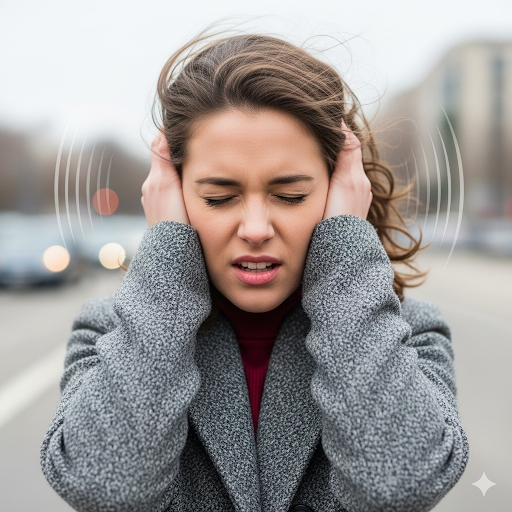 Person covering ears in discomfort from sound